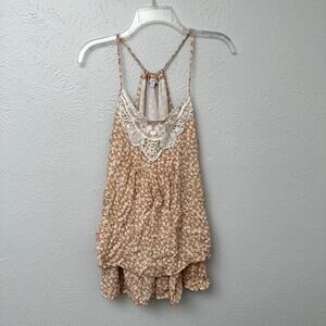 Mystree Women Yellow Floral Boho Tank Top Medium Crochet Lace Bib Cottagecore